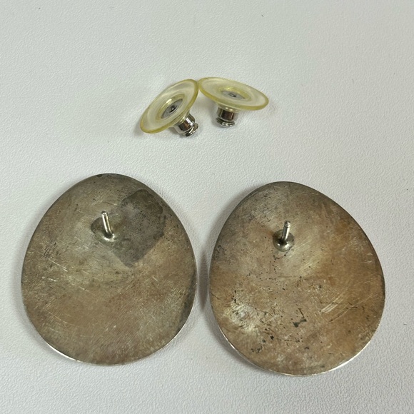 Native Large Turquoise Bear Paw Shadow Box Sterling Silver 925 Cuff Earrings Set - Picture 12 of 15